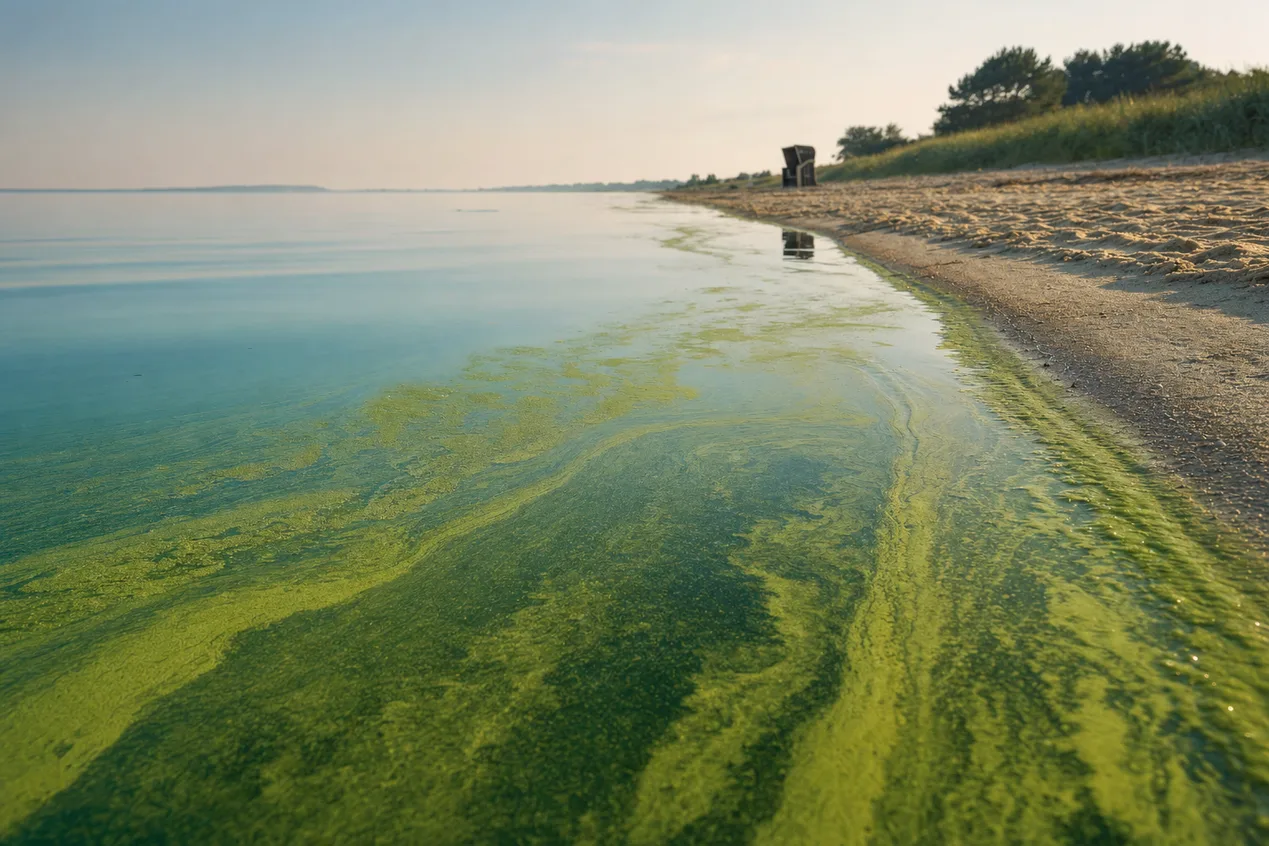 Grünlich-gelbe Blaualgen-Schlieren auf spiegelglattem Ostseewasser, die sich in Streifen zum Sandstrand ziehen