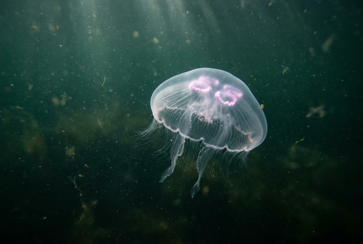 Ohrenqualle mit den vier typischen rosa Ringen im grünen Ostseewasser