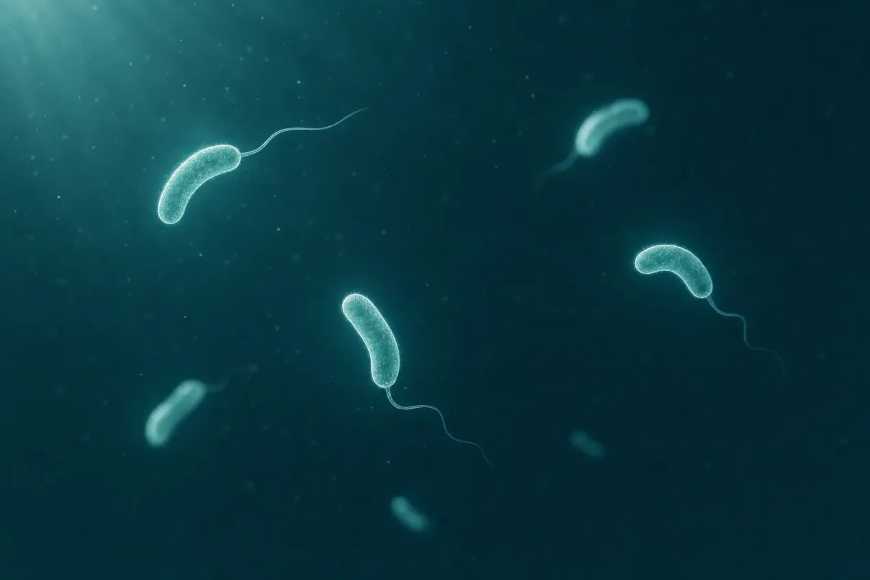 Illustration: kommaförmige Vibrio-Bakterien mit Geißel schweben in blaugrünem Wasser, wie unter dem Mikroskop